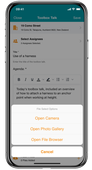 Toolbox talks on the siteconnect WHS Management System