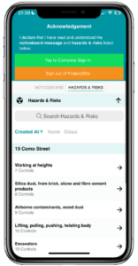 SiteConnect contractor hazard risk acknowledgement app