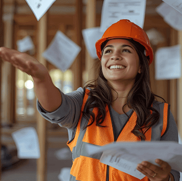 A female warehouse worker throws paper in the air in celebration of the warehouse adopting a new digital warehouse safety management system