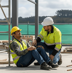 A scene depicting two New Zealand construction workers, one offering support to another seated on the ground, illustrating the start of a workplace incident investigation.