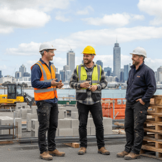 Three male construction workers in a casual, positive interaction during a contractor onboarding process at an outdoor site.