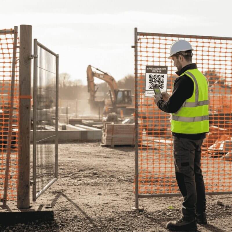 A contractor in safety gear uses his smartphone to scan a QR code on an entrance sign for a digital site sign-in. His focus on the device illustrates a modern, streamlined check-in process at an active construction site.