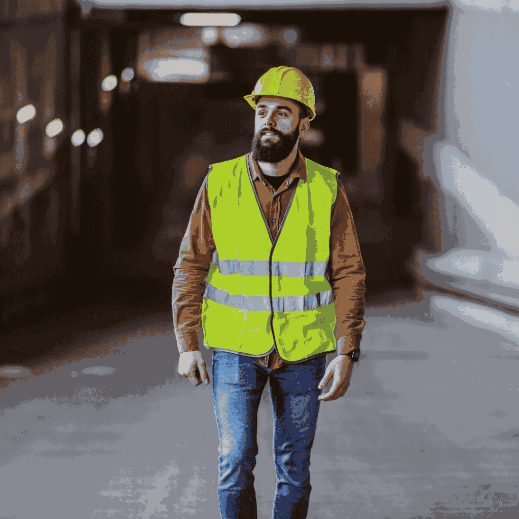 A construction worker wearing a safety vest and hard hat, representing automated safety tracking through contractor compliance management software.