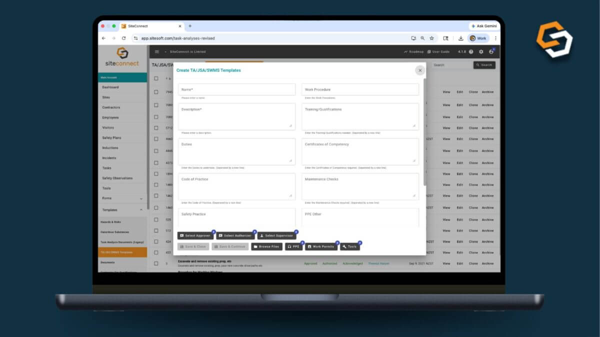 SWMS template creation tool in SiteConnect