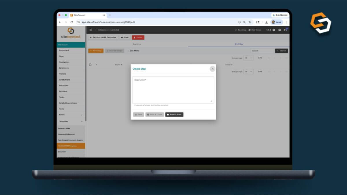 SWMS task step builder in SiteConnect