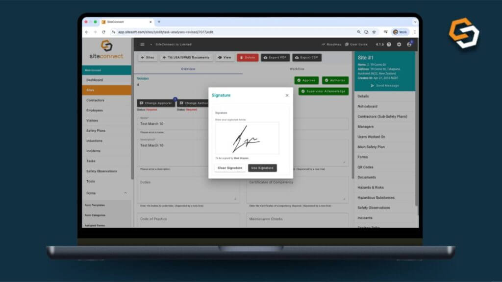 Digital signatures feature for SWMS in SiteConnect