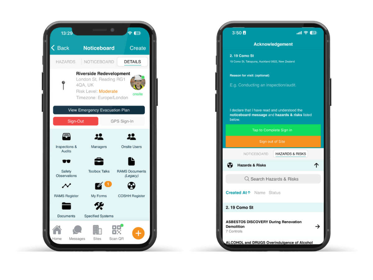 SiteConnect site notice board shown at worker sign-in on mobile