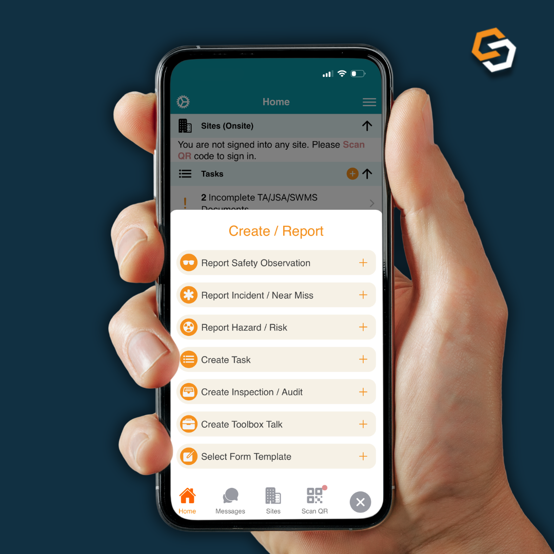 Workplace incident reporting mobile app displayed on a smartphone held in a hand. The SiteConnect mobile app interface shows options to report incidents, near misses, safety observations, hazards, and risks, helping workers capture workplace incidents in real time. The image highlights a digital workplace incident reporting system designed to improve safety compliance, streamline reporting processes and support proactive risk management by workers.