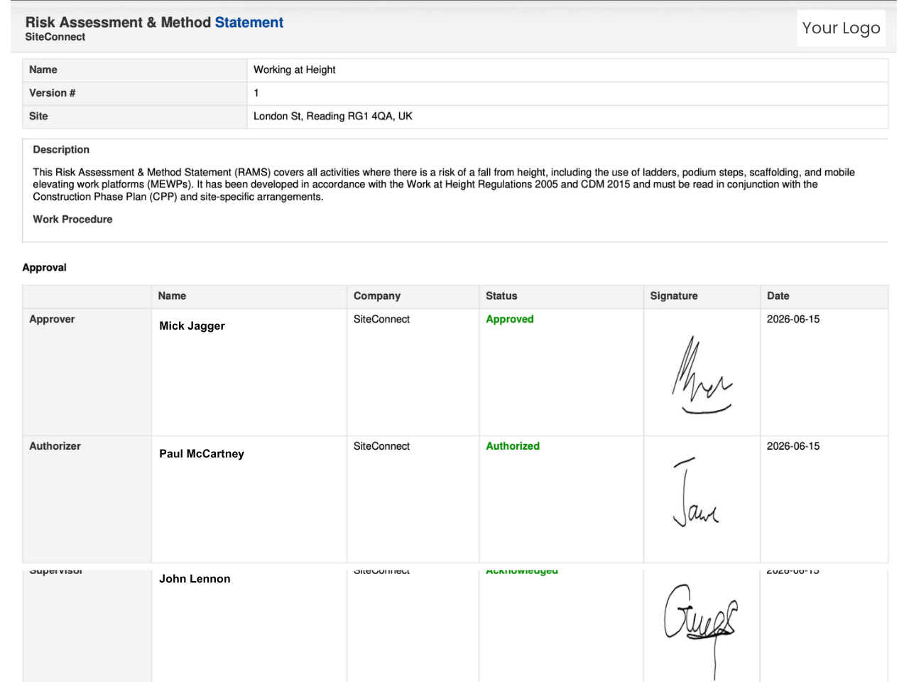 SiteConnect RAMS approvals and version control
