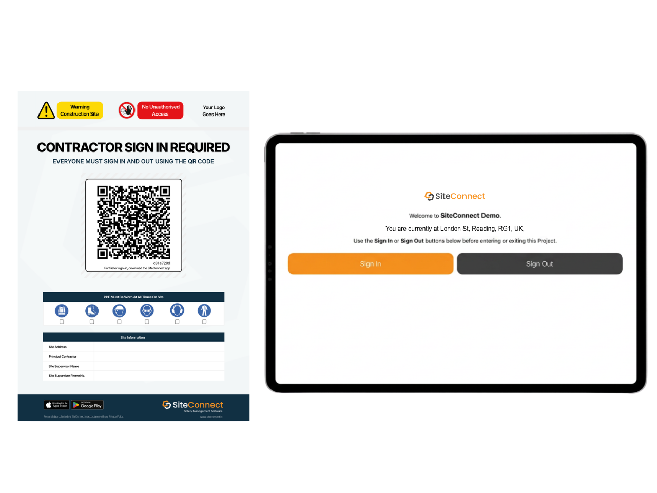 SiteConnect QR code sign-in poster and kiosk tablet sign-in screen