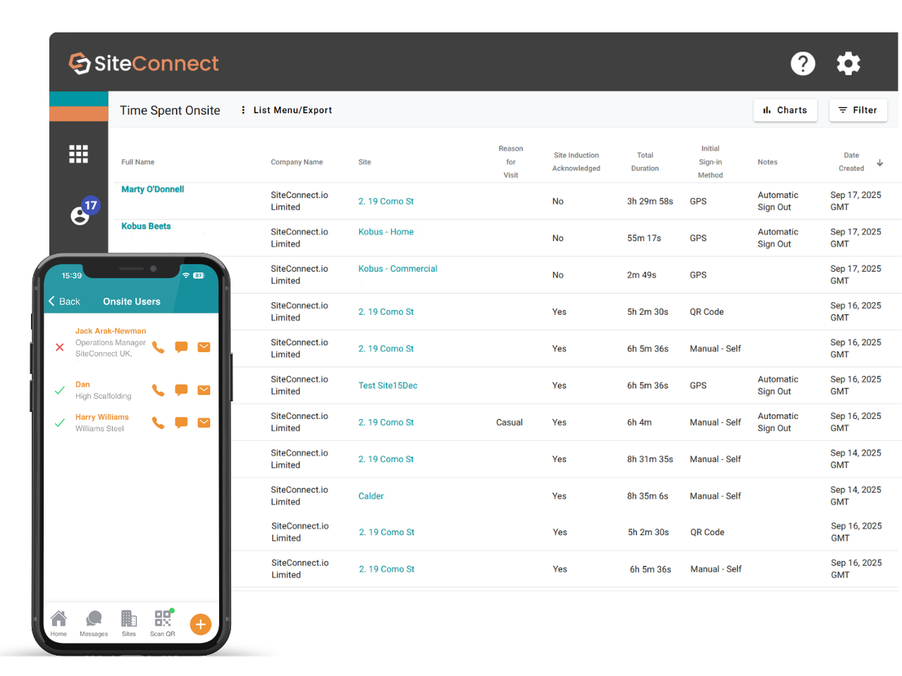 SiteConnect Time Spent on Site report — live onsite attendance and exportable visitor register