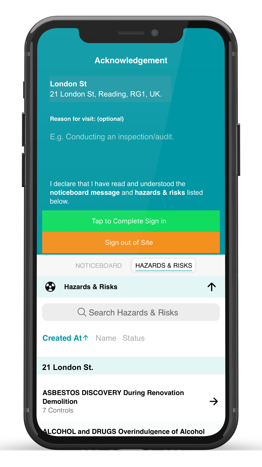 Contractor mobile app sign-in screen showing hazard acknowledgement
