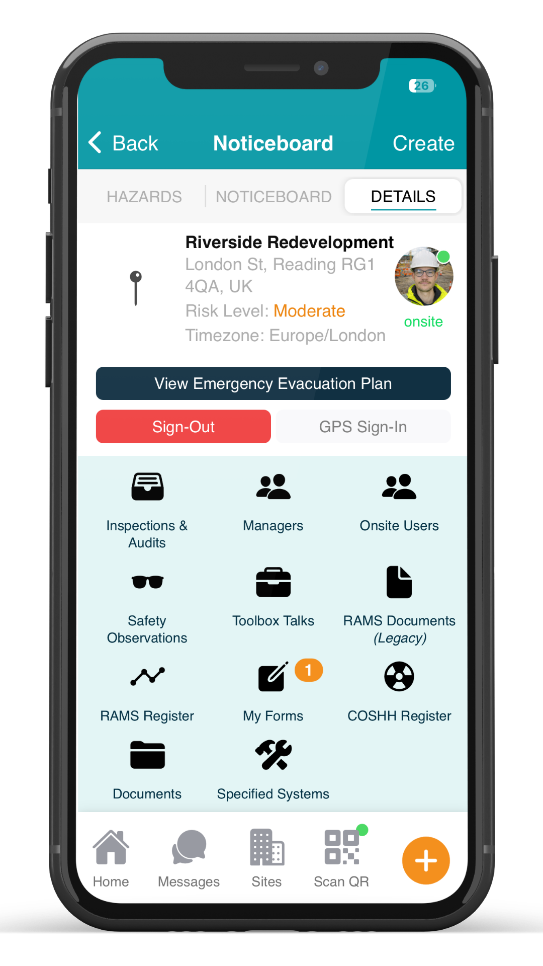 Contractor app showing full site overview with SWMS, Hazards, and toolbox talks