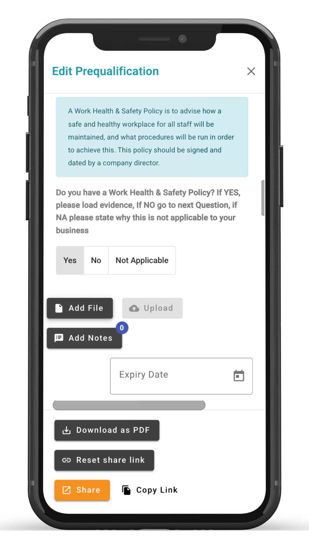 Contractor pre-qualification in-app on mobile