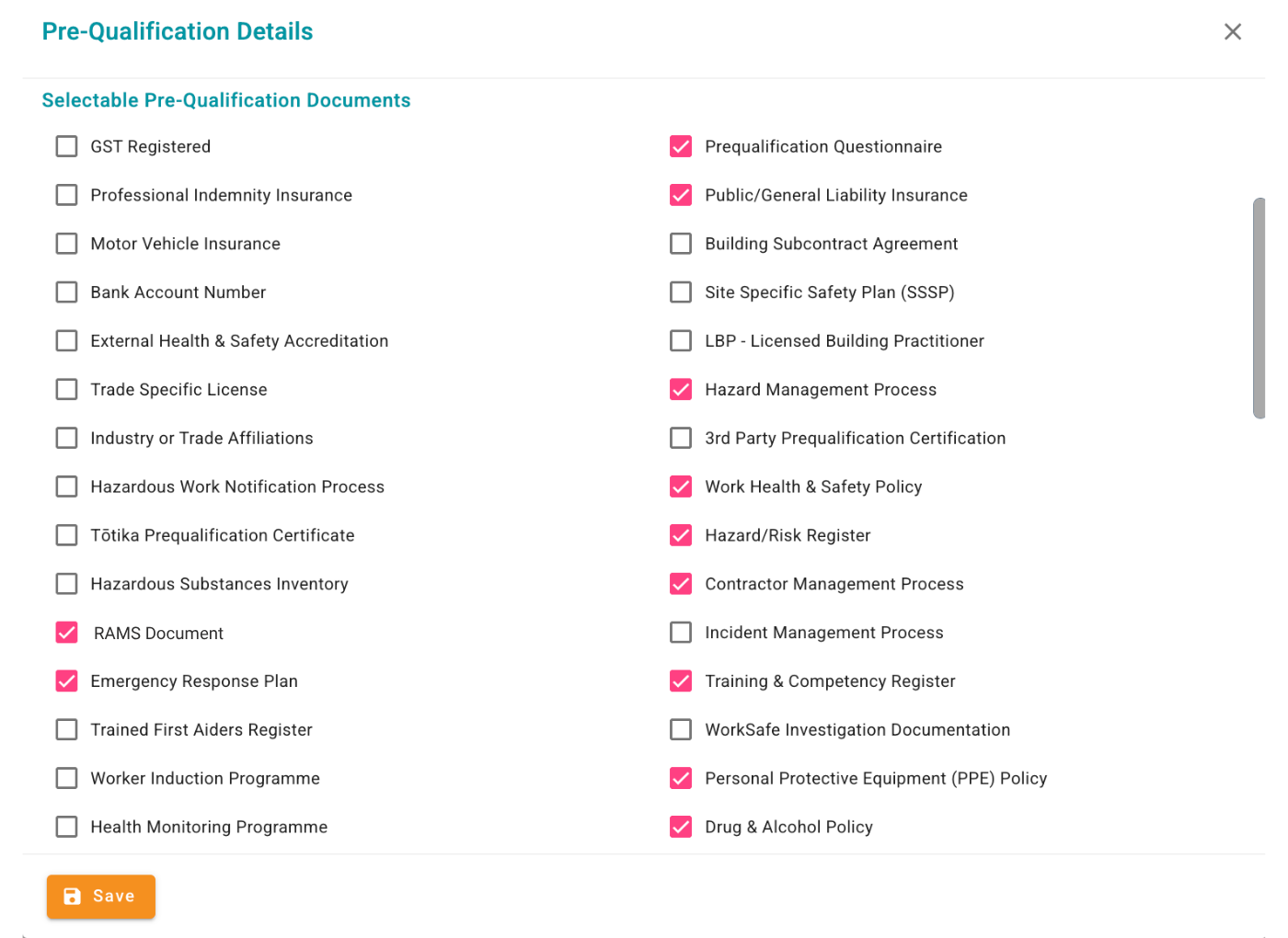 Digital contractor pre-qualification screen showing compliance status in SiteConnect