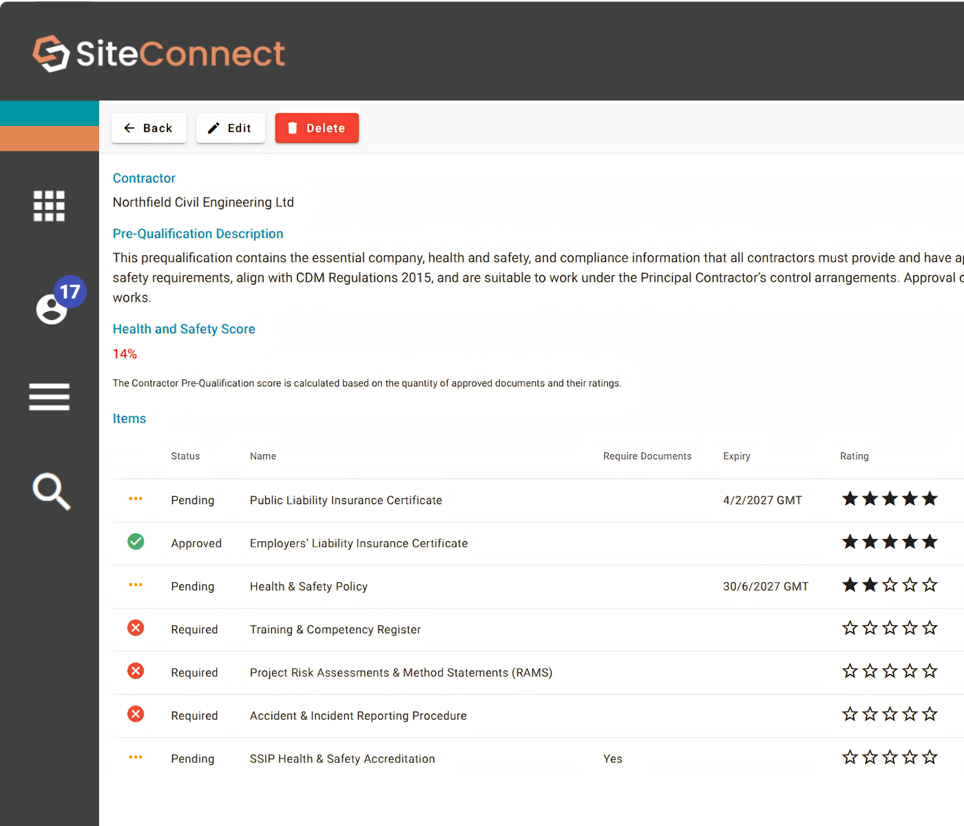SiteConnect contractor management dashboard showing compliance status, document tracking and site overview