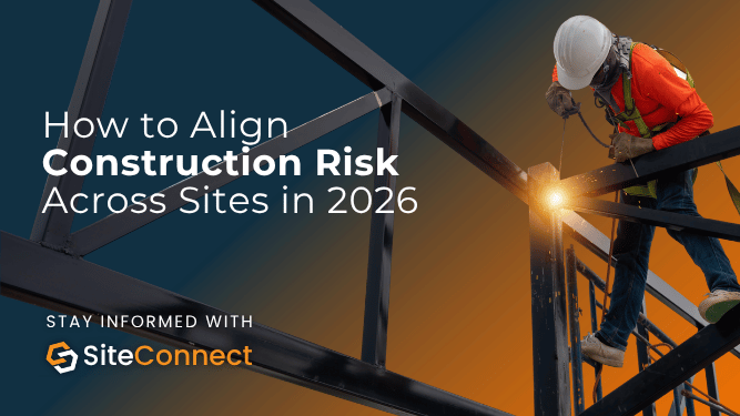 Construction risk management guide showing a construction worker on structural steel at a commercial building site.
