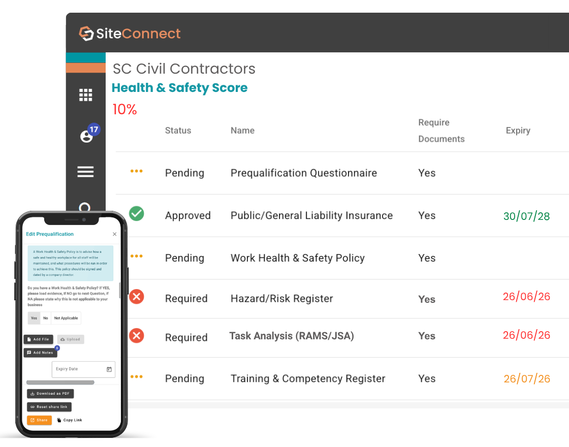SiteConnect contractor compliance portal showing documents, licences and approval status