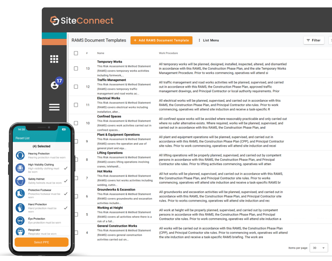 SiteConnect RAMS document with digital signature on mobile app