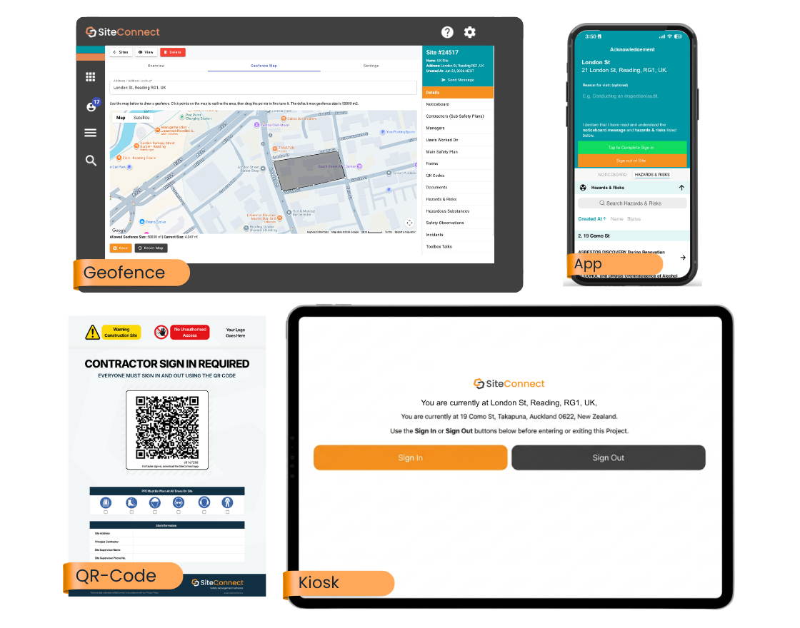 SiteConnect site sign-in methods — geofence, QR, kiosk and app