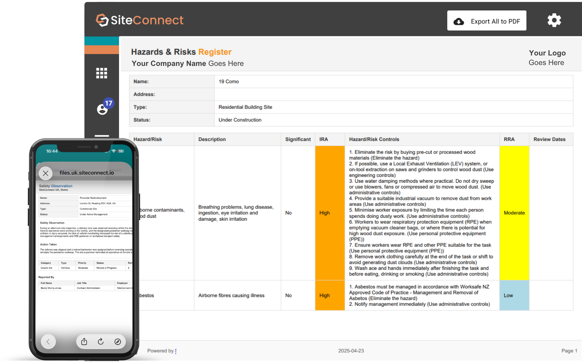 Exporting a hazards and risks register PDF from SiteConnect for audits and WorkSafe evidence
