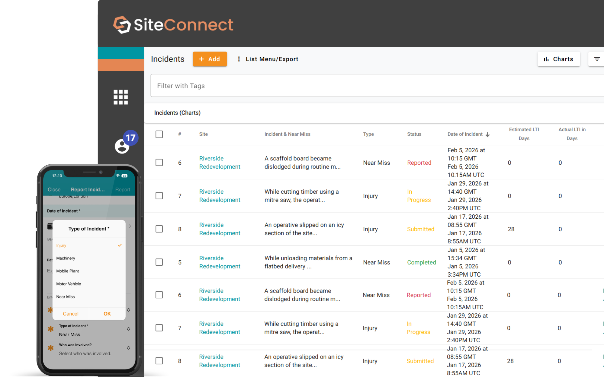 Incident reporting workflow in SiteConnect construction safety software