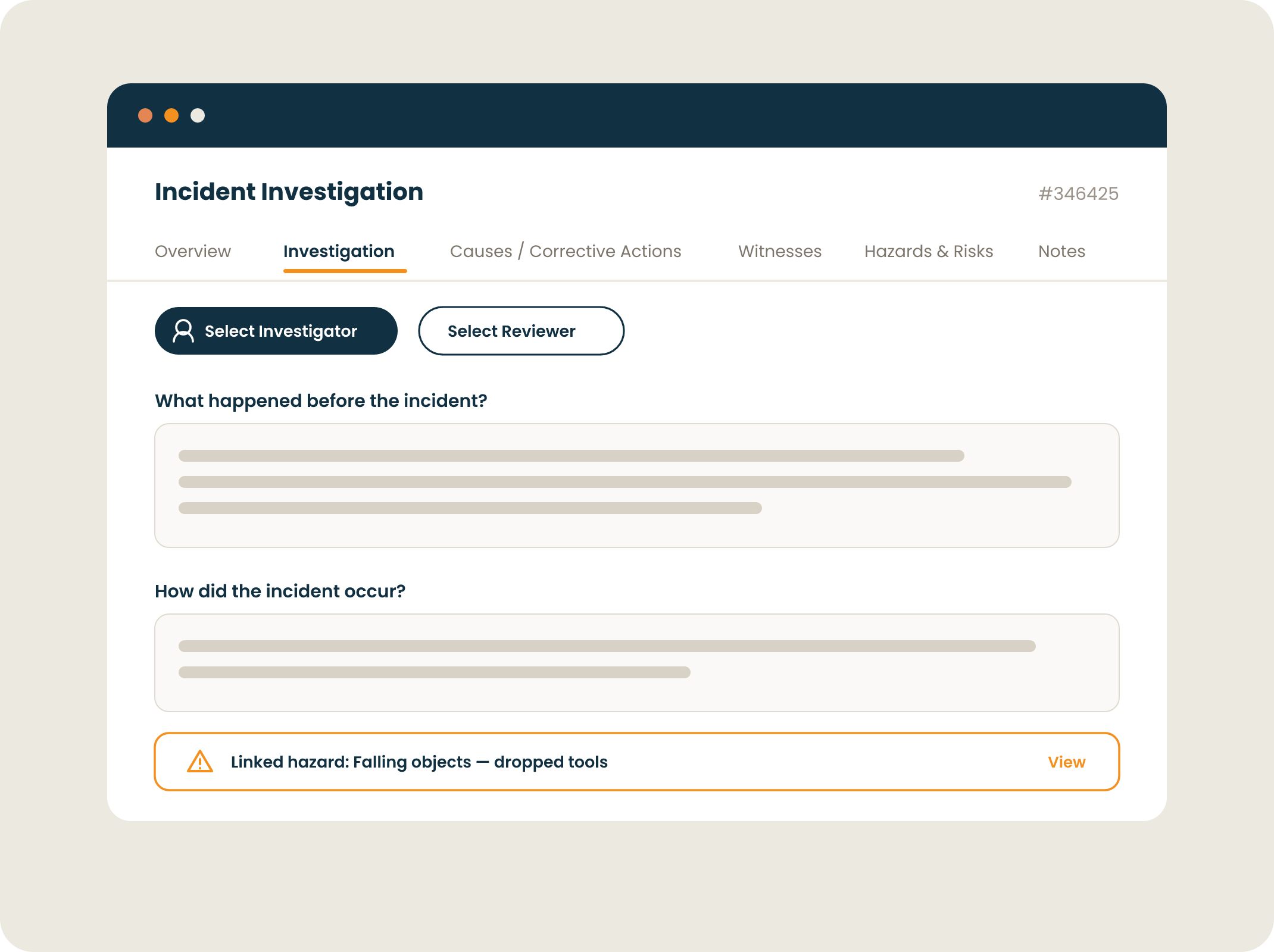 Structured incident investigation in SiteConnect with linked hazards