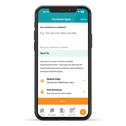 Sending a completed inspection form to selected users in the SiteConnect app