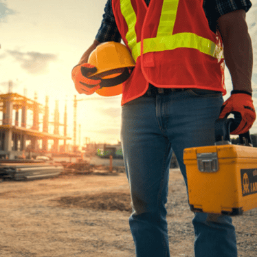Construction worker carrying safety equipment on site, where unified construction safety systems connect workers, compliance and safety processes.