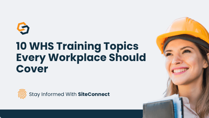 Female worker wearing a hard hat alongside the title “10 Workplace Health and Safety Training Topics Every Workplace Should Cover.”