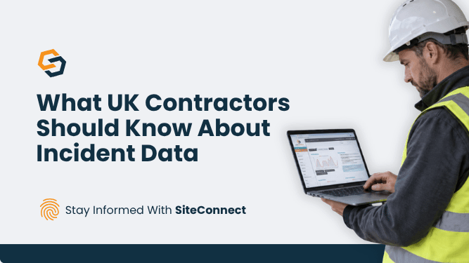 What UK contractors should know about incident data, with a site manager reviewing safety reports and trends on a laptop.