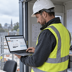 Construction manager reviewing incident data on a laptop at a UK building site.