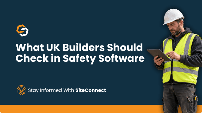 UK builder using a tablet to manage safety on site with a safety software for UK builders.
