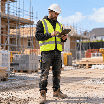 UK builder using a tablet on a construction site while reviewing a safety software for UK builders.