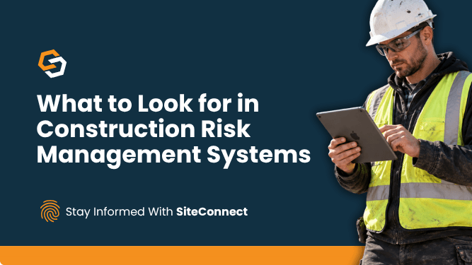 British construction worker using a tablet to evaluate a construction risk management system.