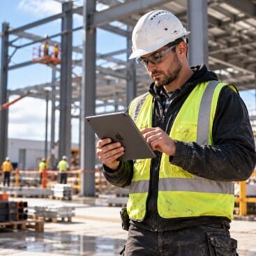 Construction worker using a tablet on a UK building site with construction risk management software for hazard assessments and site safety.