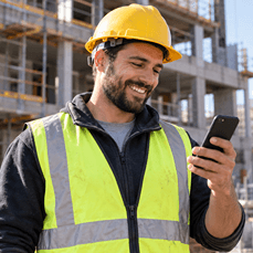 Smiling construction worker checking smartphone.